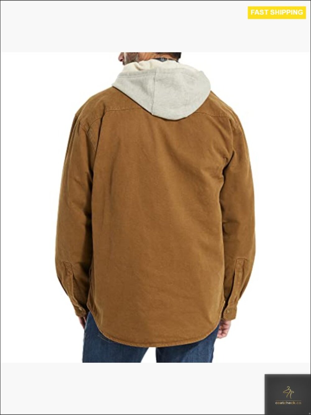Men's Hooded Fleece-Lined Canvas Shirt Jacket Relaxed Fit Snap Front 5 Pockets - Picture 4 of 4
